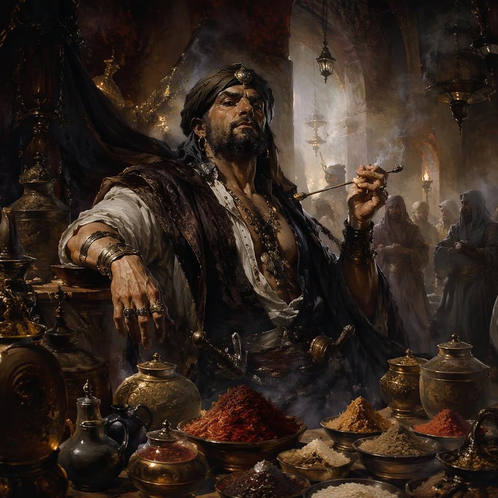 Painterly fantasy illustration of a desert spice trader inside a tavern, with atmospheric light and heroic epic mood.