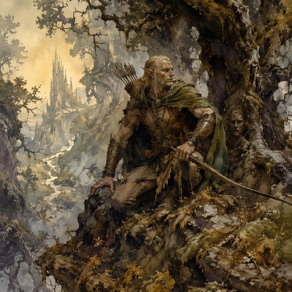 Watercolor dark fantasy scene of an elven ranger forest with a glowing magical item, atmospheric light and painterly trees.