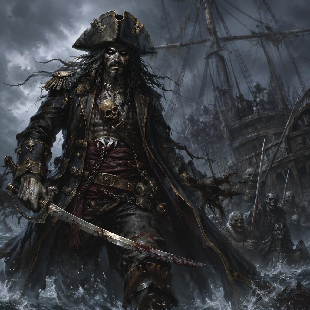 Anime-style fantasy scene of a cursed sea pirate on a stormy coast, with atmospheric lighting and a grim brutal mood.