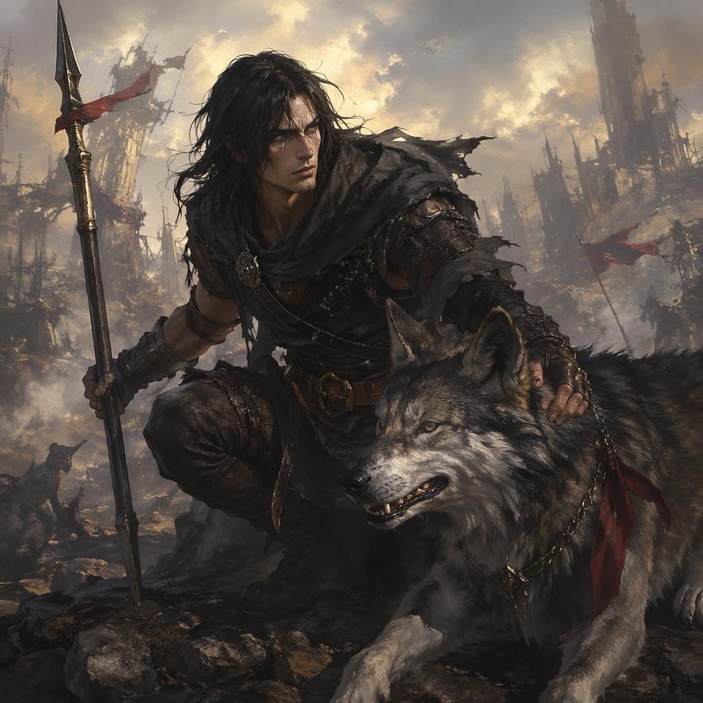 Post-apocalyptic beastmaster fighting beside a wolf companion in a Renaissance-style battle scene with atmospheric light