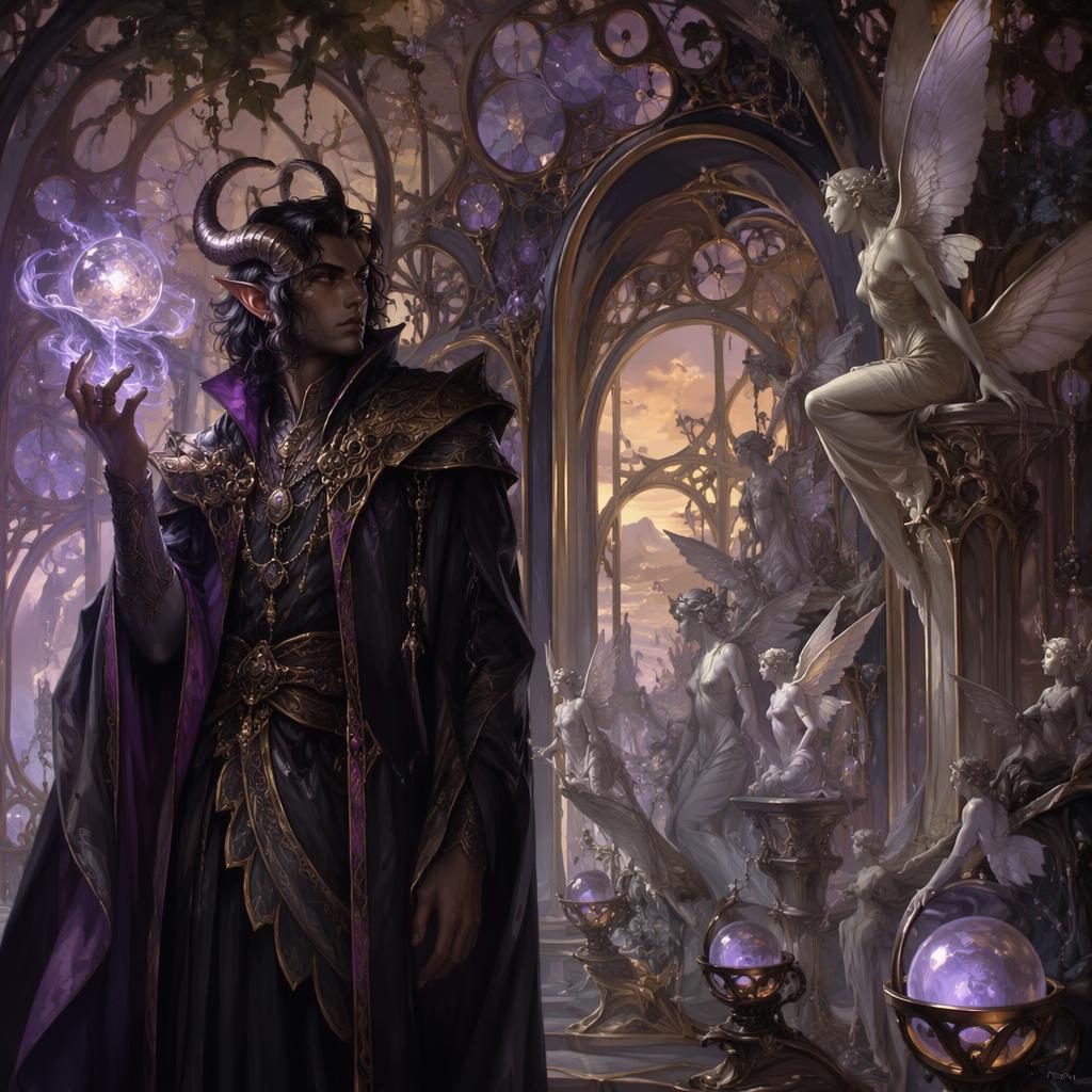 Tiefling sorcerer stands beside an ornate art nouveau building with glowing magic, atmospheric light, and a painterly fantasy backdrop.