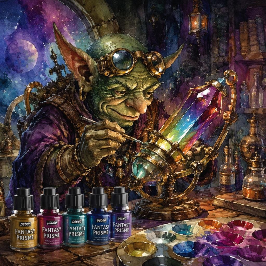 Watercolor fantasy illustration of a goblin tinker holding a glowing magical item in a sci-fi space opera workshop