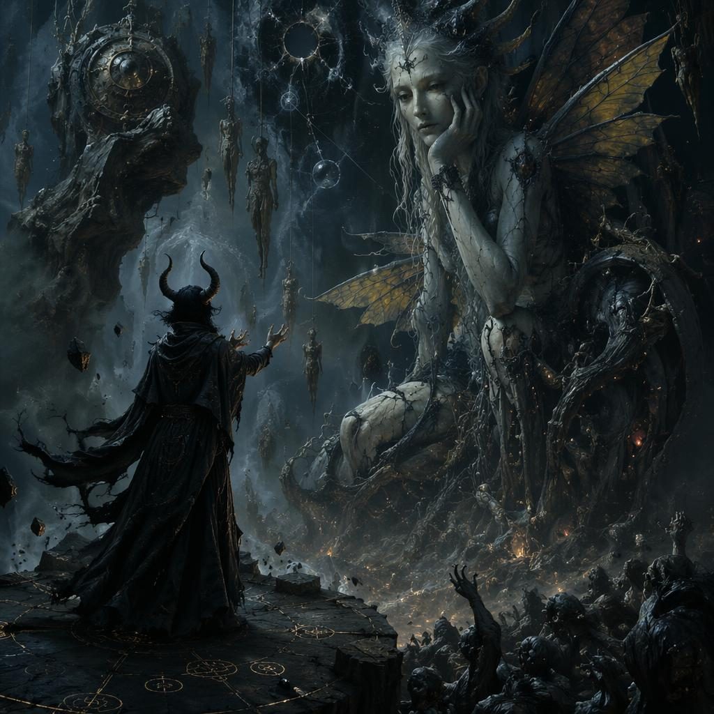 Realistic concept art of a tiefling sorcerer in a dark cosmic landscape with atmospheric light and a painterly background.