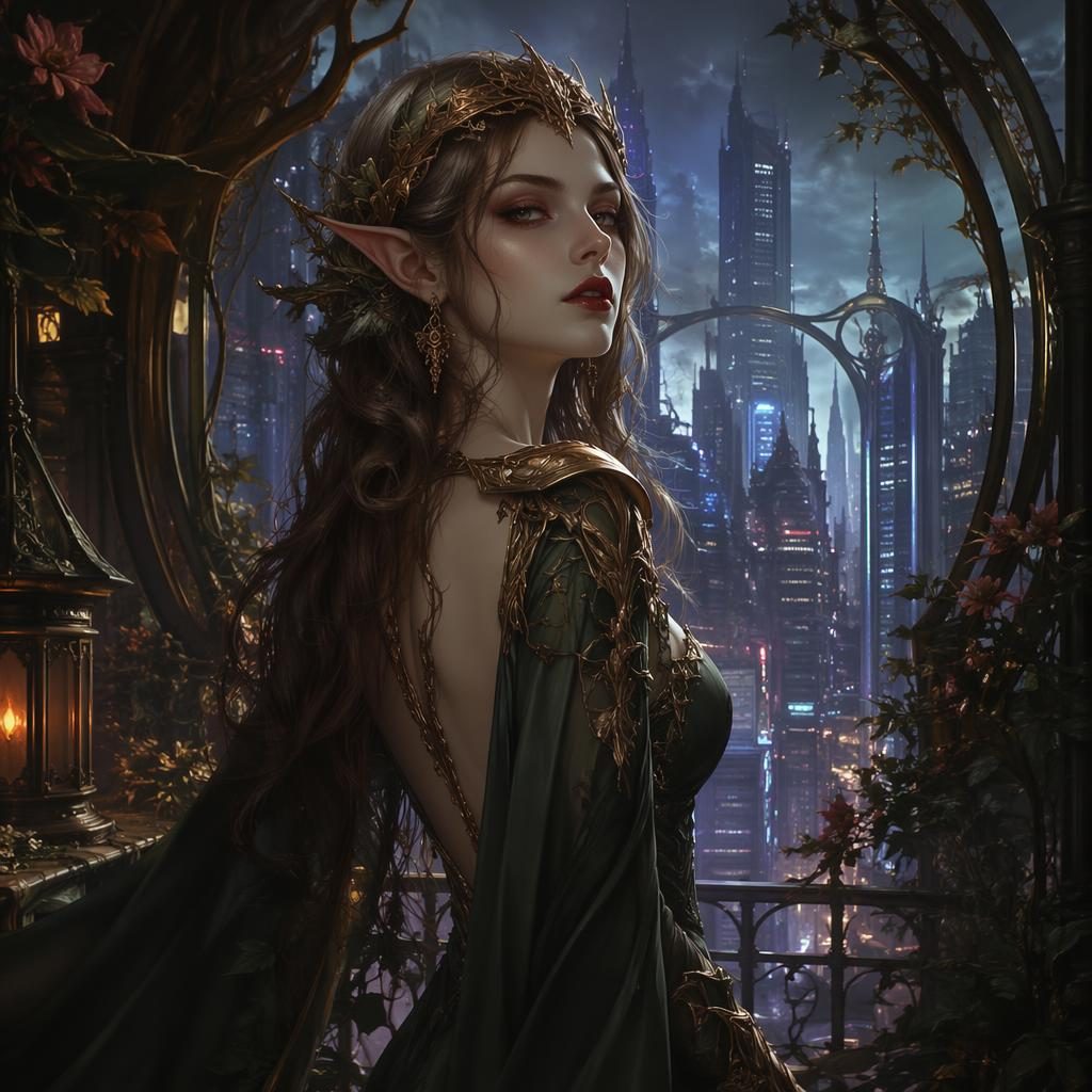 Cyberpunk art nouveau building shaped with wood nymph druid motifs, glowing atmospheric lights and mysterious detail