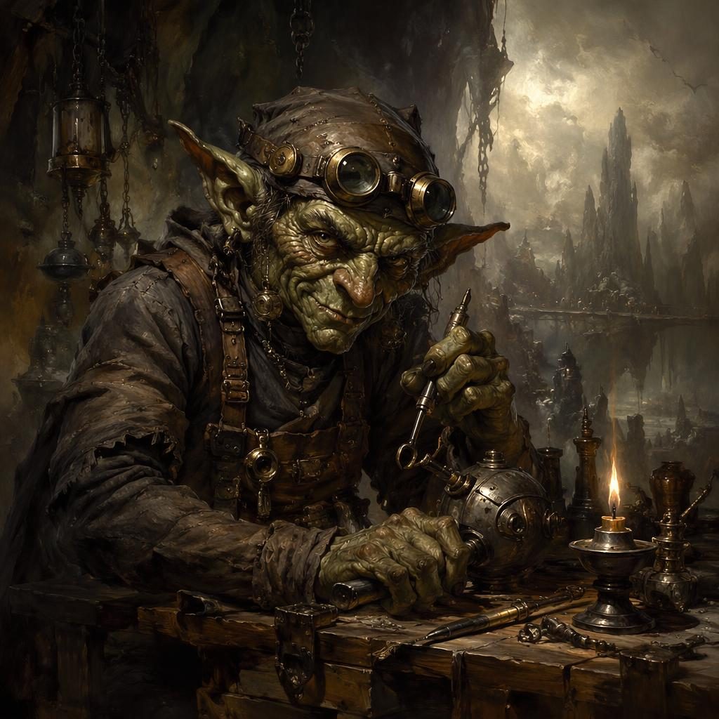 Semi-realistic portrait of a goblin tinker with tools and armor, mystical lighting, painterly fantasy background.