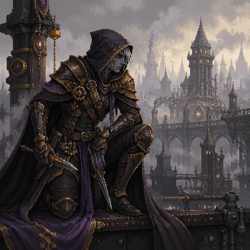 Pixel art dark elf assassin in steampunk armor, posed in atmospheric light with a painterly background