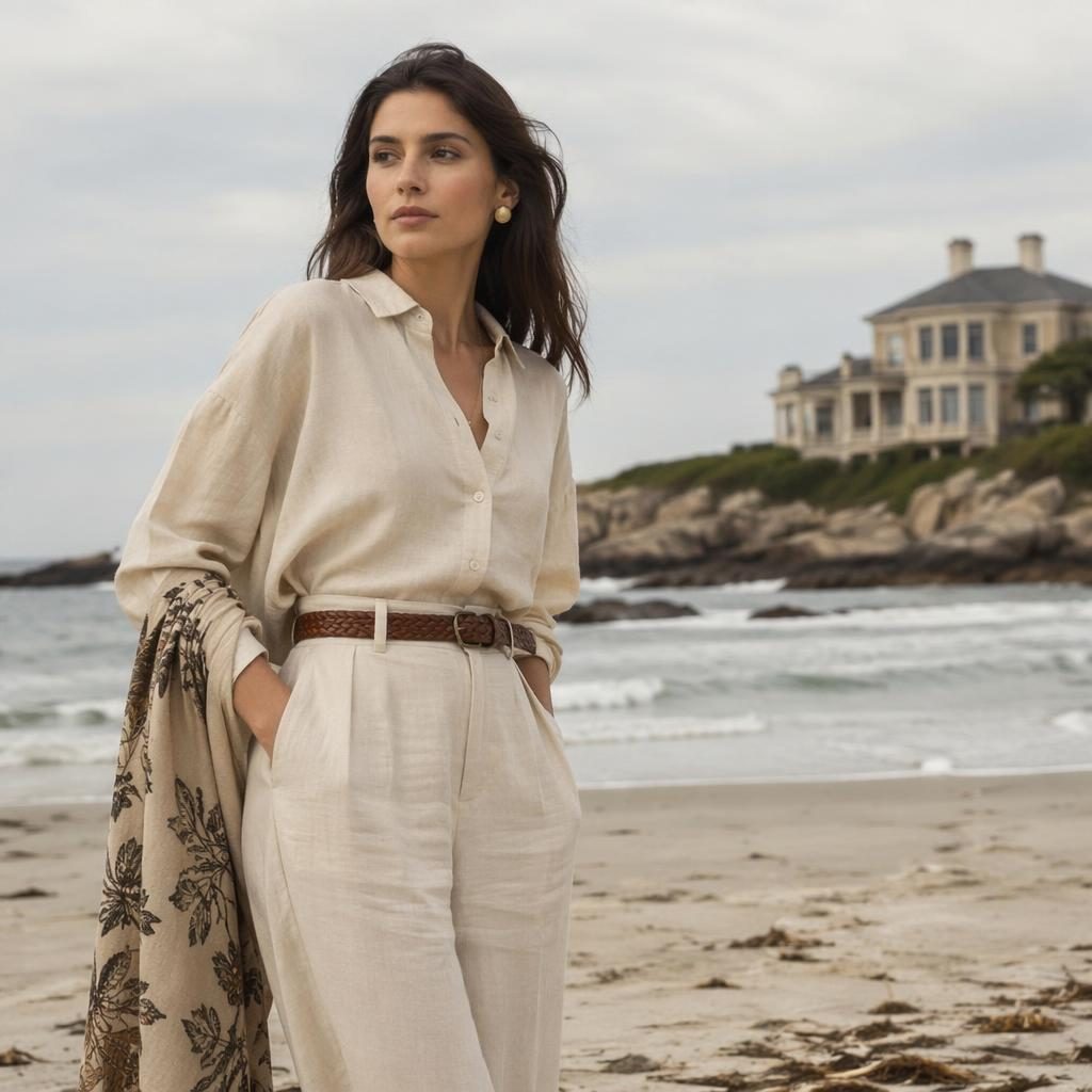 Editorial fashion model on a beach wearing guzarish clothing in muted neutral tones with a luxurious preppy look