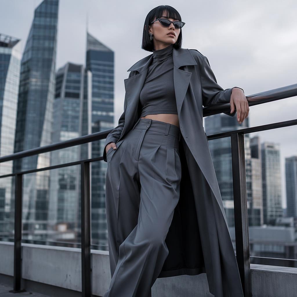 Modèle en tenue mode sur un rooftop urbain, style futuriste, palette gris froid, pose naturelle et lumière éditoriale.