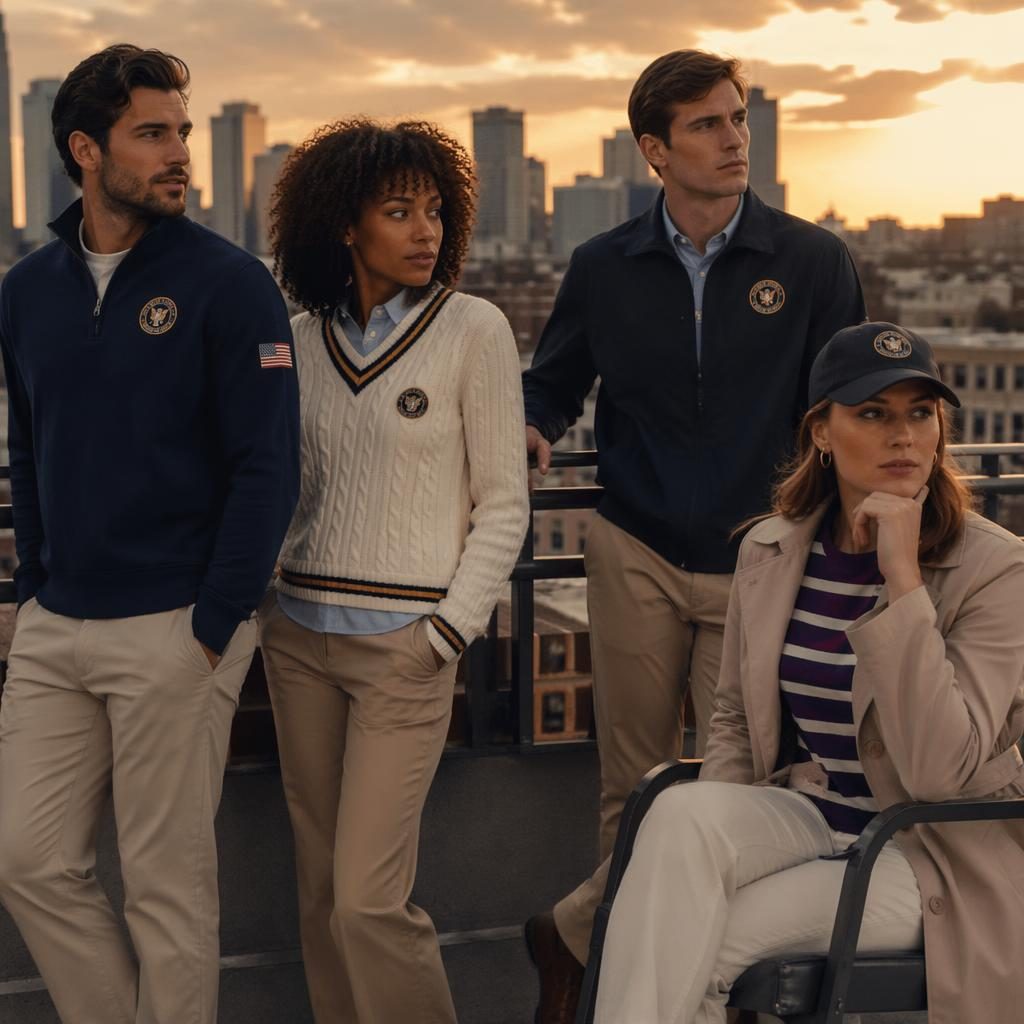 Model in old money preppy outfit on a rooftop at sunset with a dark moody city backdrop, editorial fashion lookbook style.
