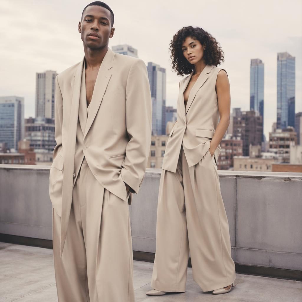 Model in a muted neutral outfit on a rooftop city setting, styled as a dreamy Y2K revival editorial fashion lookbook.