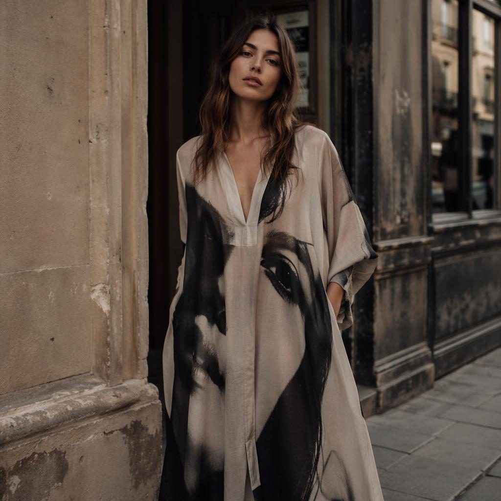Modèle en tenue bohème fluide dans une rue urbaine calme, tons neutres sourds, pose naturelle, lumière éditoriale.