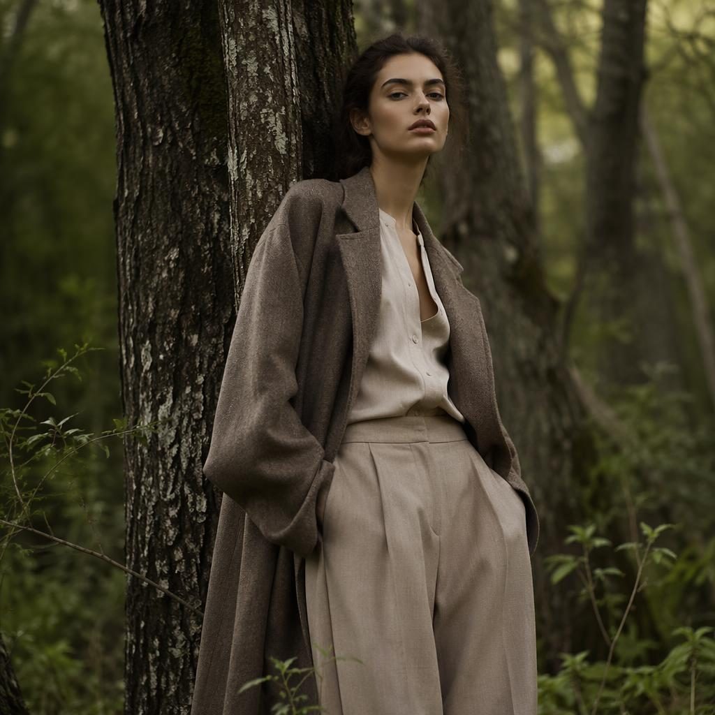 Modelo con look editorial de alta moda en un bosque, pose natural, tonos neutros apagados y luz de revista