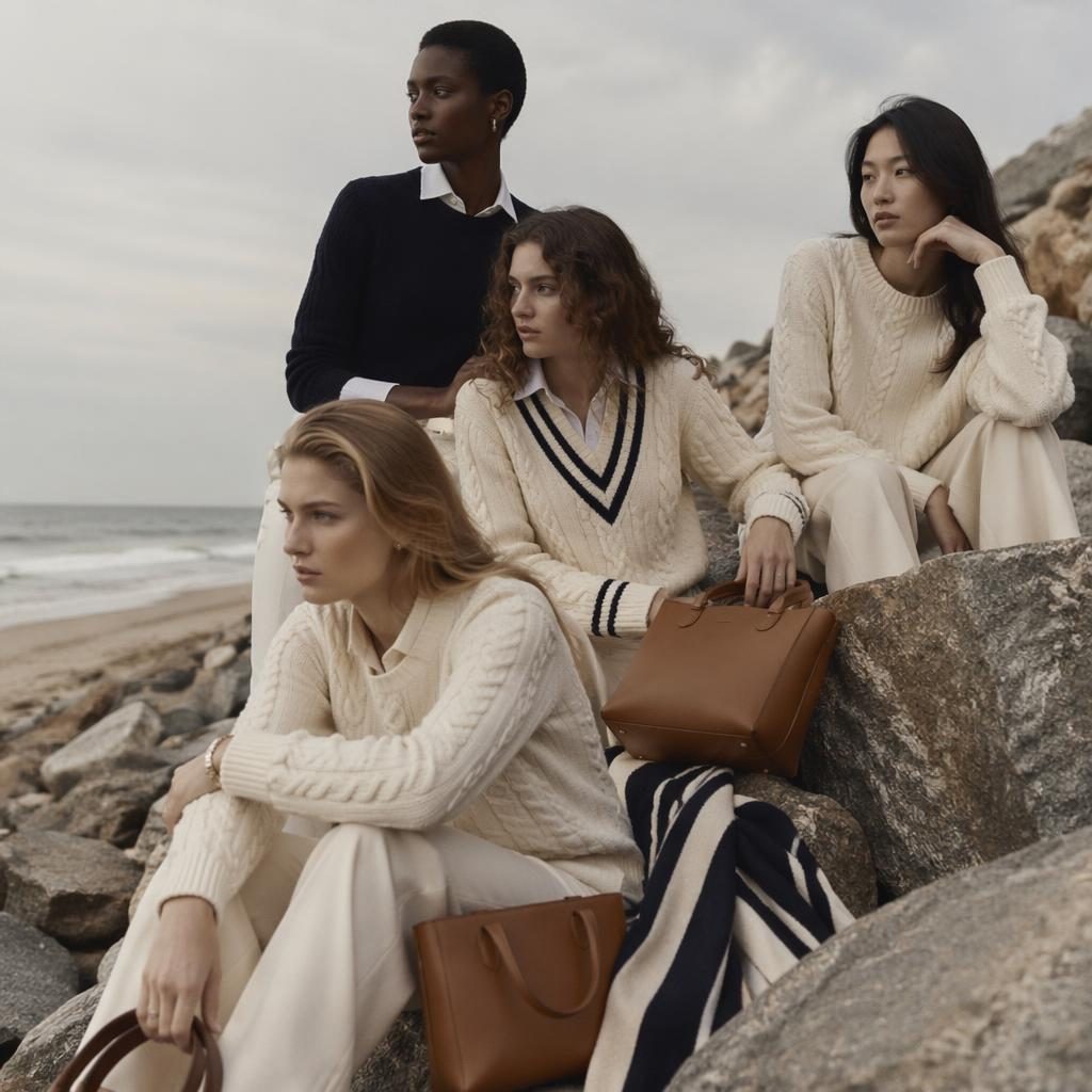 Editorial fashion model on a muted neutral beach in an old money preppy look with dreamy soft lighting and natural pose.