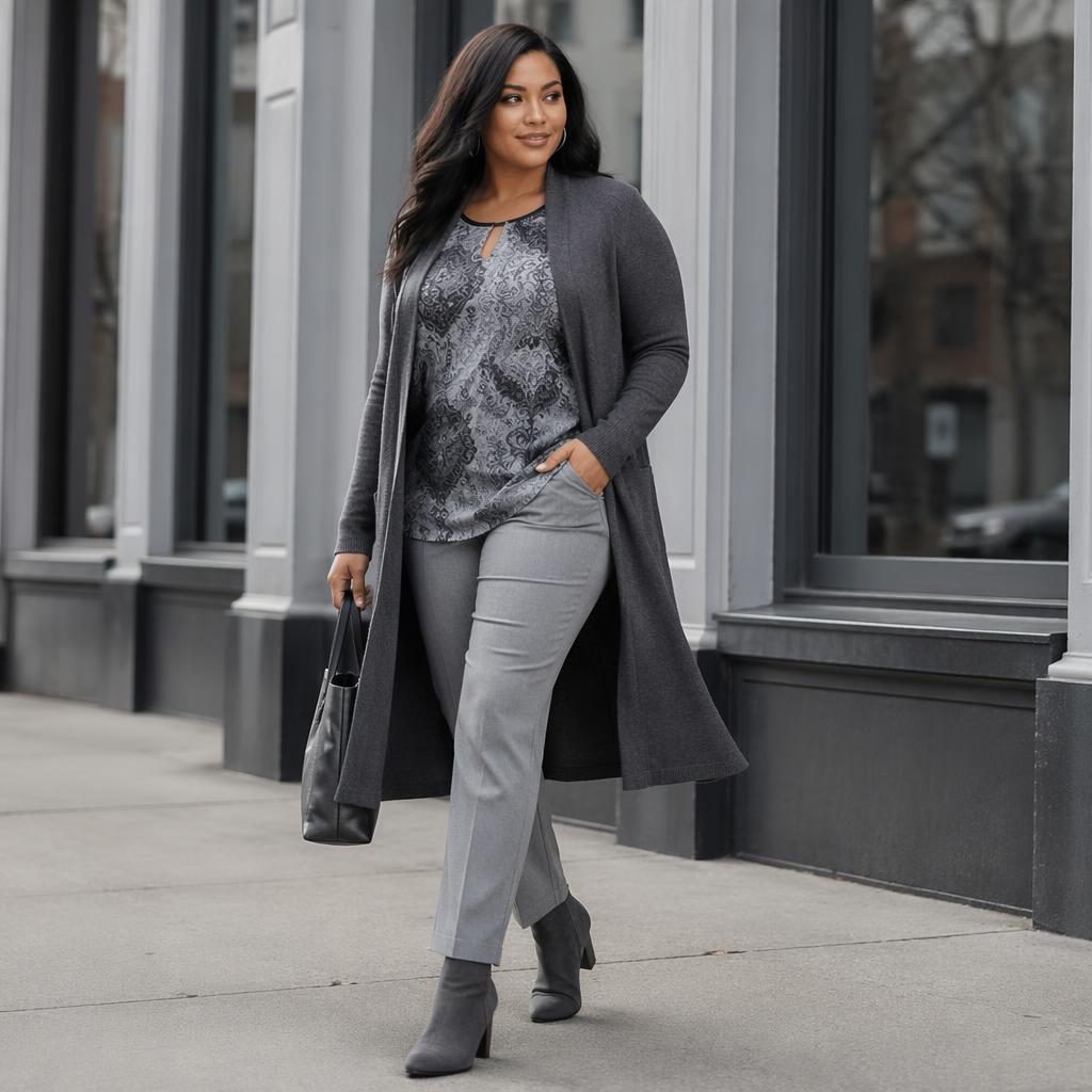 Model in a roamans catalogue outfit on an urban street, candid runway-inspired pose with cool gray editorial lighting.