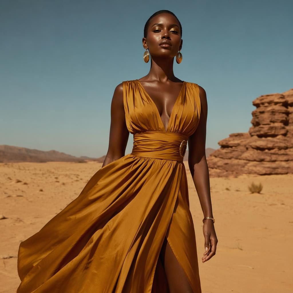 Editorial fashion model in a vogue lookbook outfit posing naturally in a desert with soft dreamy light and bold contrast.