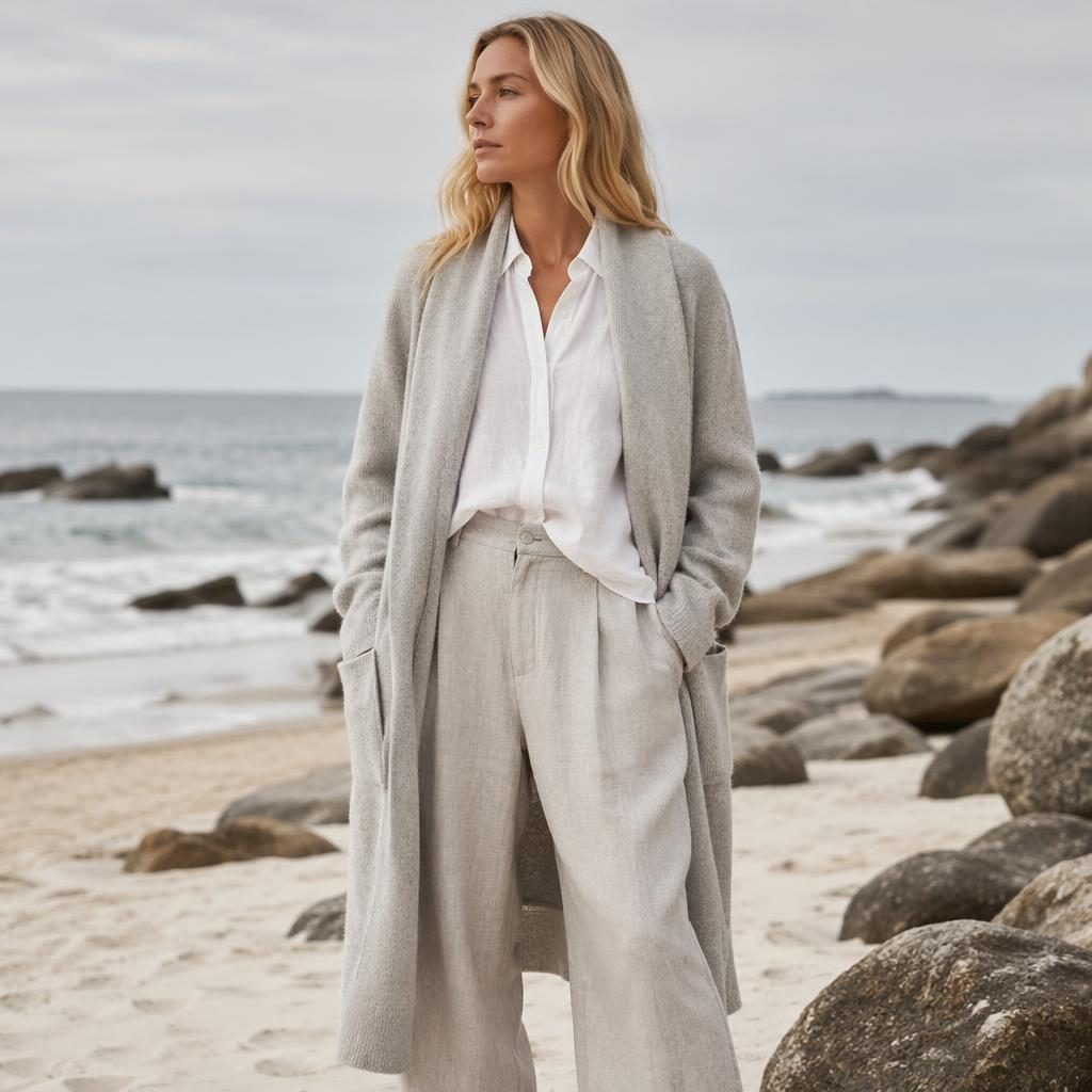 Editorial fashion model on a beach in a cool gray outfit, natural pose, luxury lookbook lighting and coastal styling.