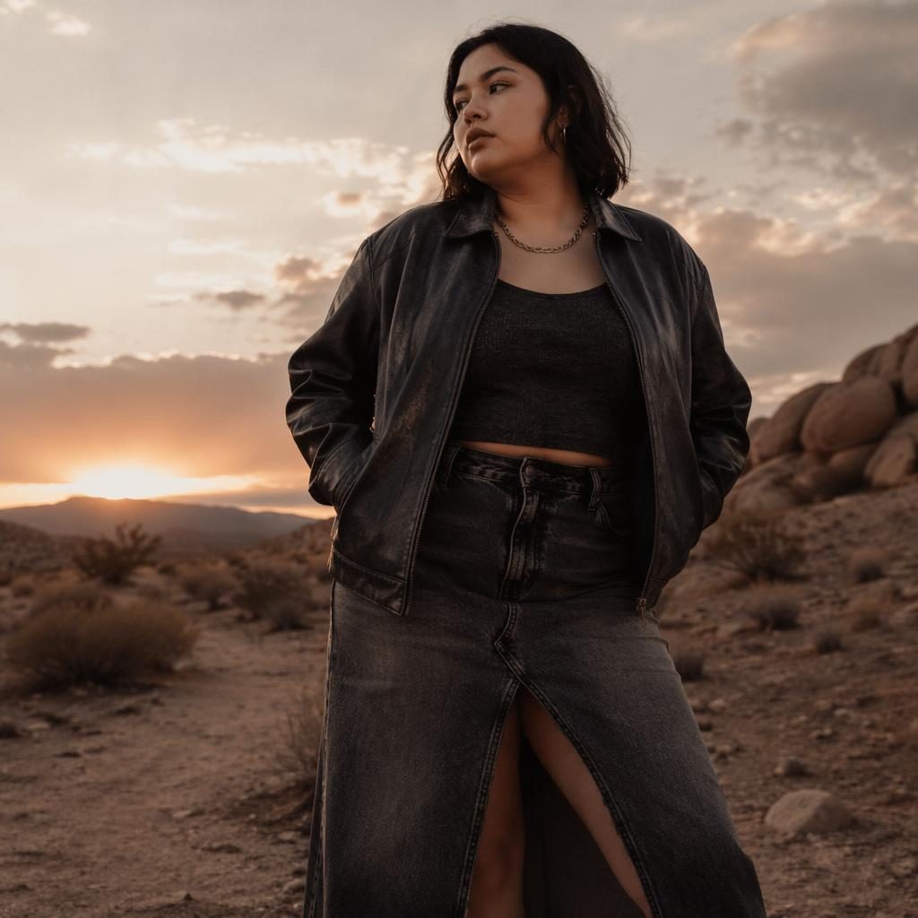 Editorial fashion model in a grunge edgy site lookbook outfit standing in a quiet desert at sunset with warm light