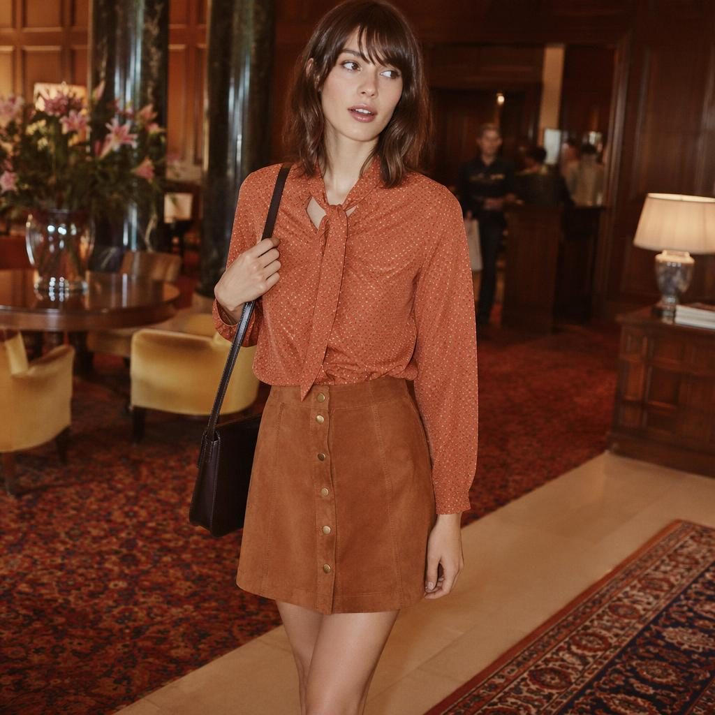 Editorial fashion model in a vintage 70s-inspired outfit posing candidly in a luxury hotel lobby with autumn rust tones