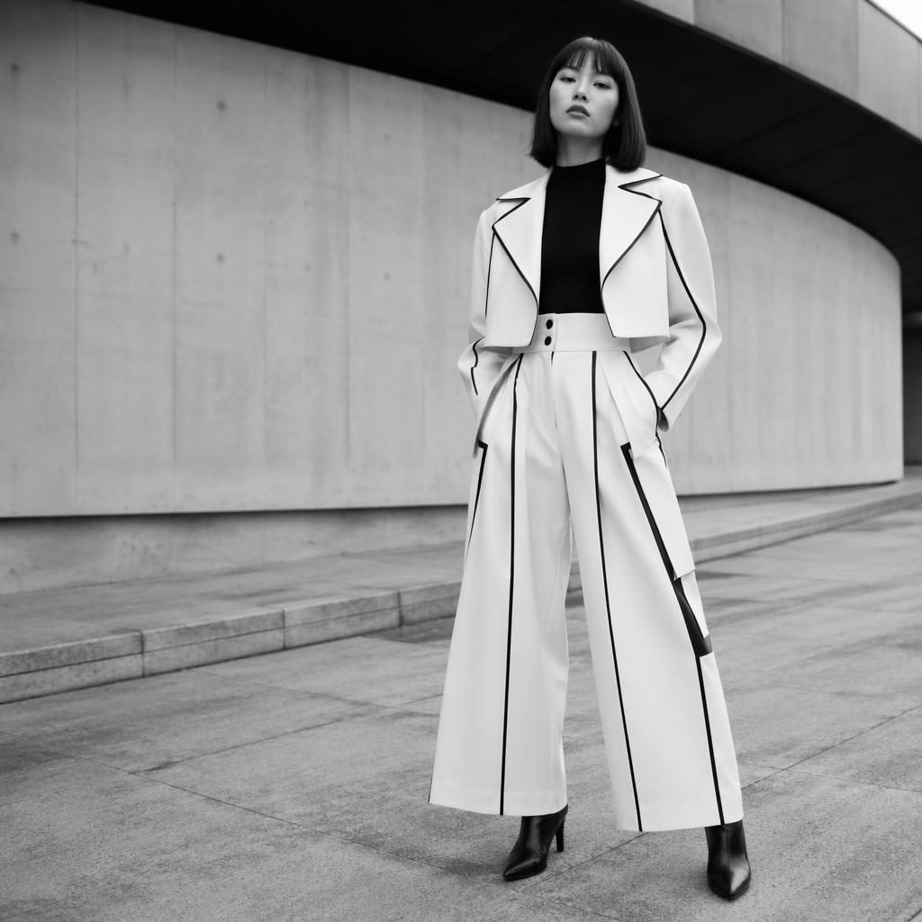 Model v editorial moda outfitu na městské ulici, černobílá futuristická lookbook fotografie s jistým výrazem.