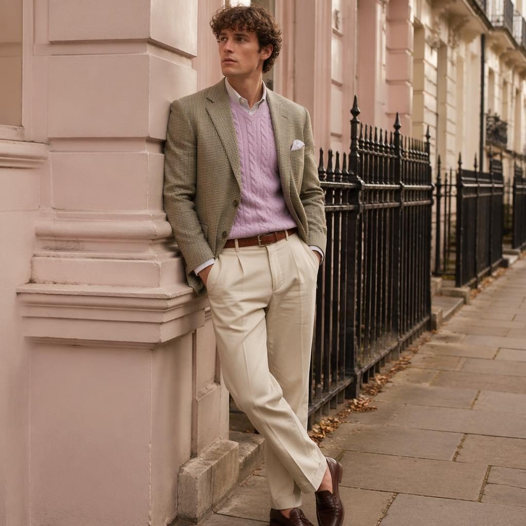 Male model in old money preppy international male clothing on a quiet urban street, pastel tones and soft editorial lighting