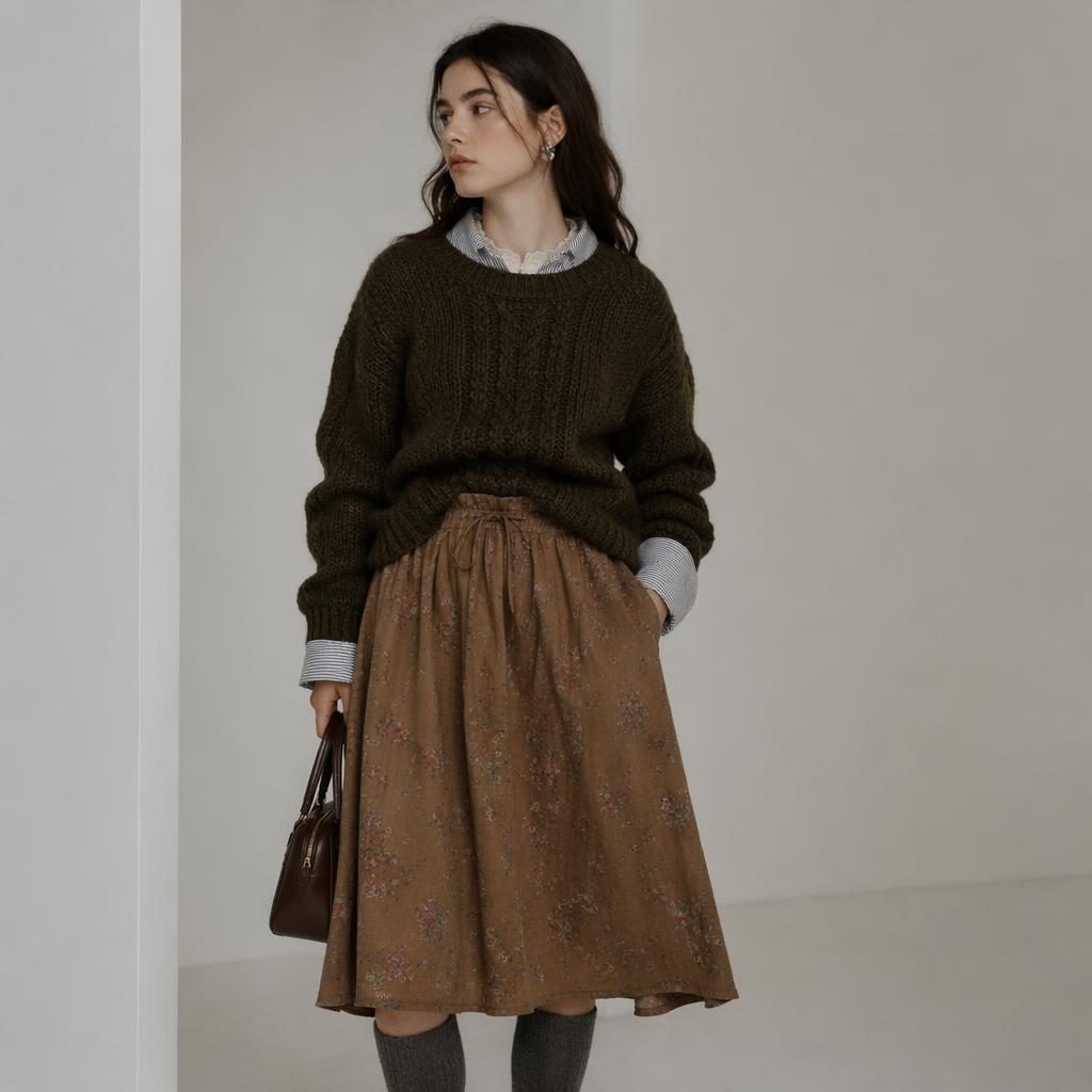 Editorial fashion model in a cottagecore-inspired miu miu lookbook outfit posed in a minimalist white studio with warm moody lighting