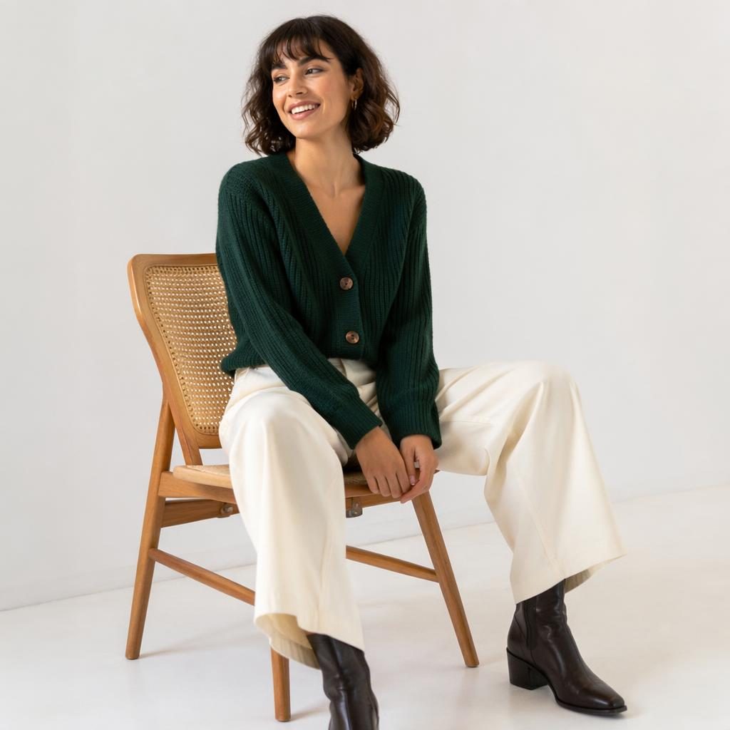 Generic model in blair mail order clothing posing candidly in a minimalist white studio with bold high-contrast styling
