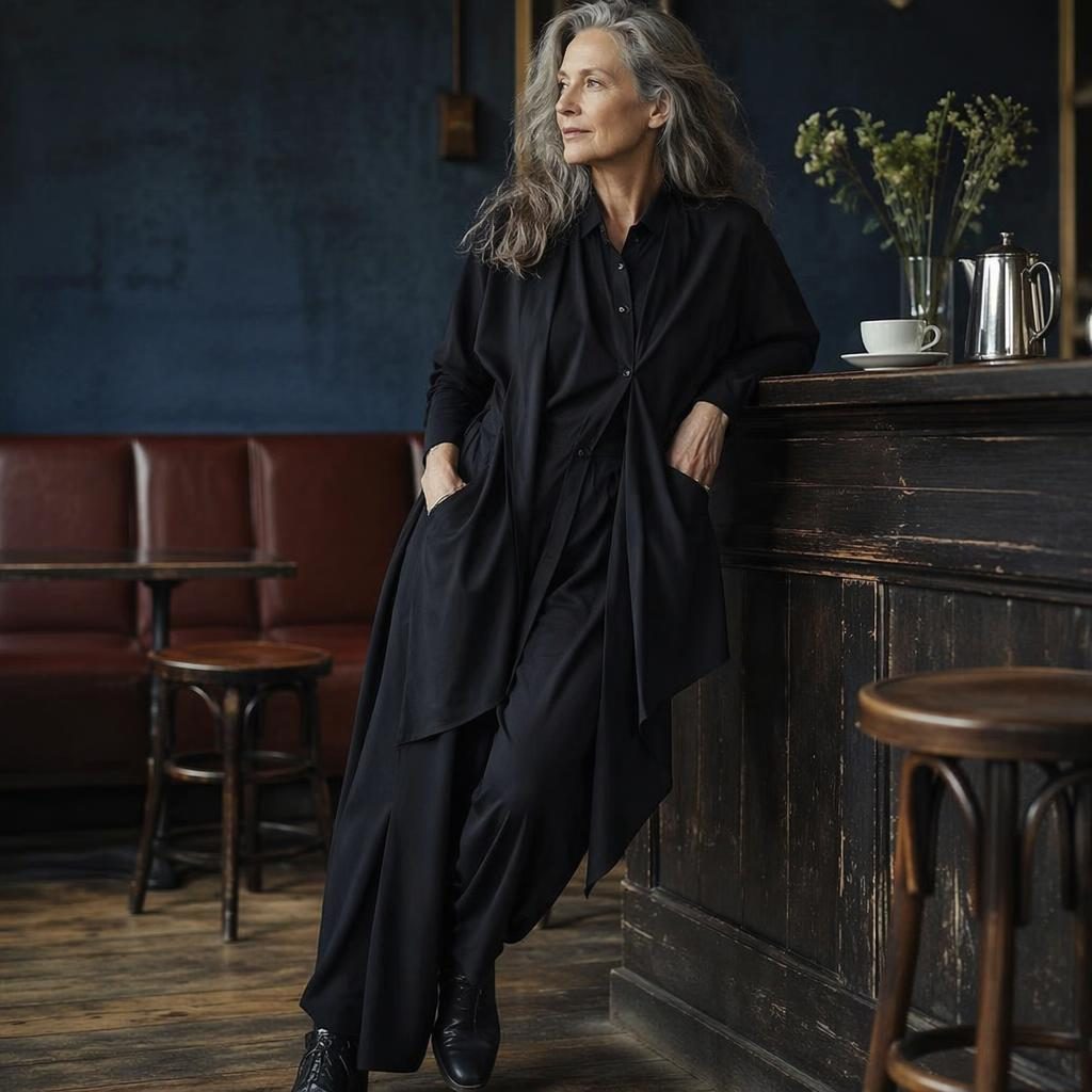 Editorial fashion model in a Yohji Yamamoto-inspired lookbook outfit posed naturally inside a vintage cafe with bold lighting