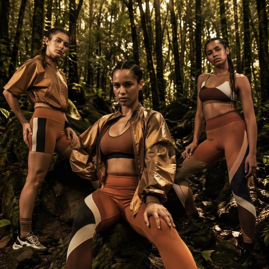 Editorial fashion model in bold athletic sportswear posing naturally in a warm-toned forest with magazine-style lighting.