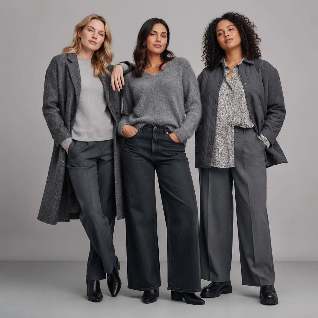 Mannequin en studio neutre portant une tenue mode y2k, palette gris froid, pose naturelle et allure confiante.