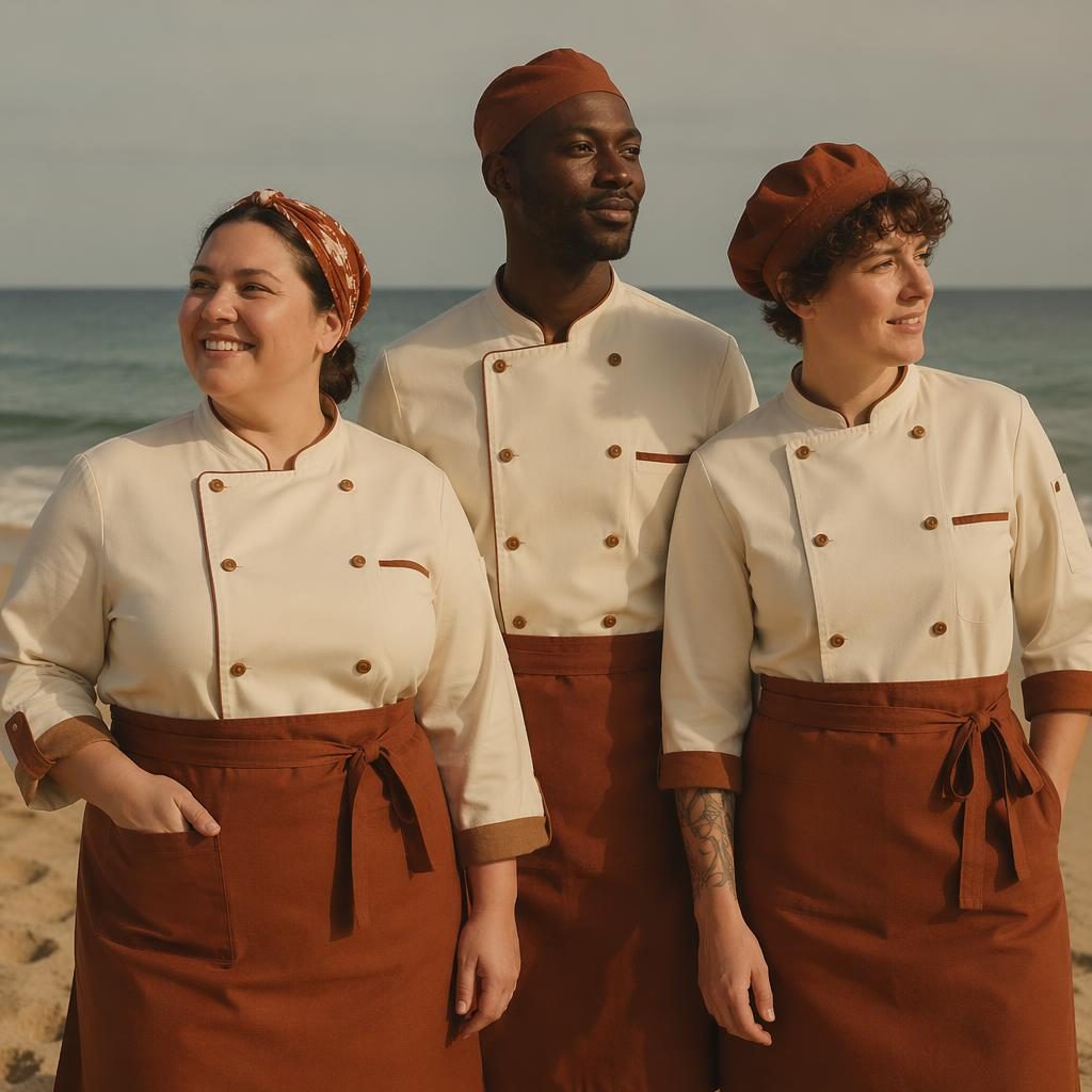 Model in a cheerful chef uniform on a quiet beach, styled in a vintage 70s fashion lookbook with warm earth tones.