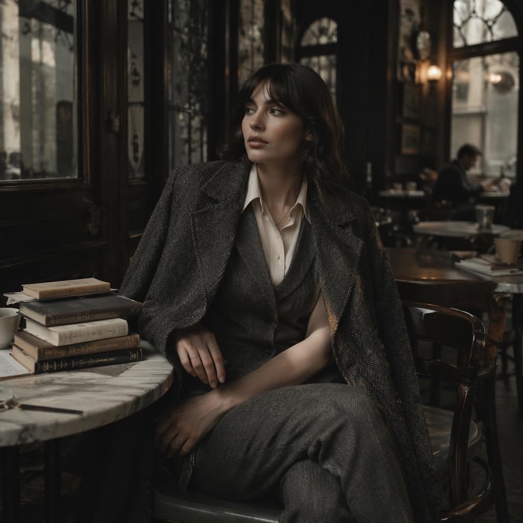 Editorial fashion model in a dark academia outfit posing naturally in a vintage cafe with moody lighting and cool gray tones.