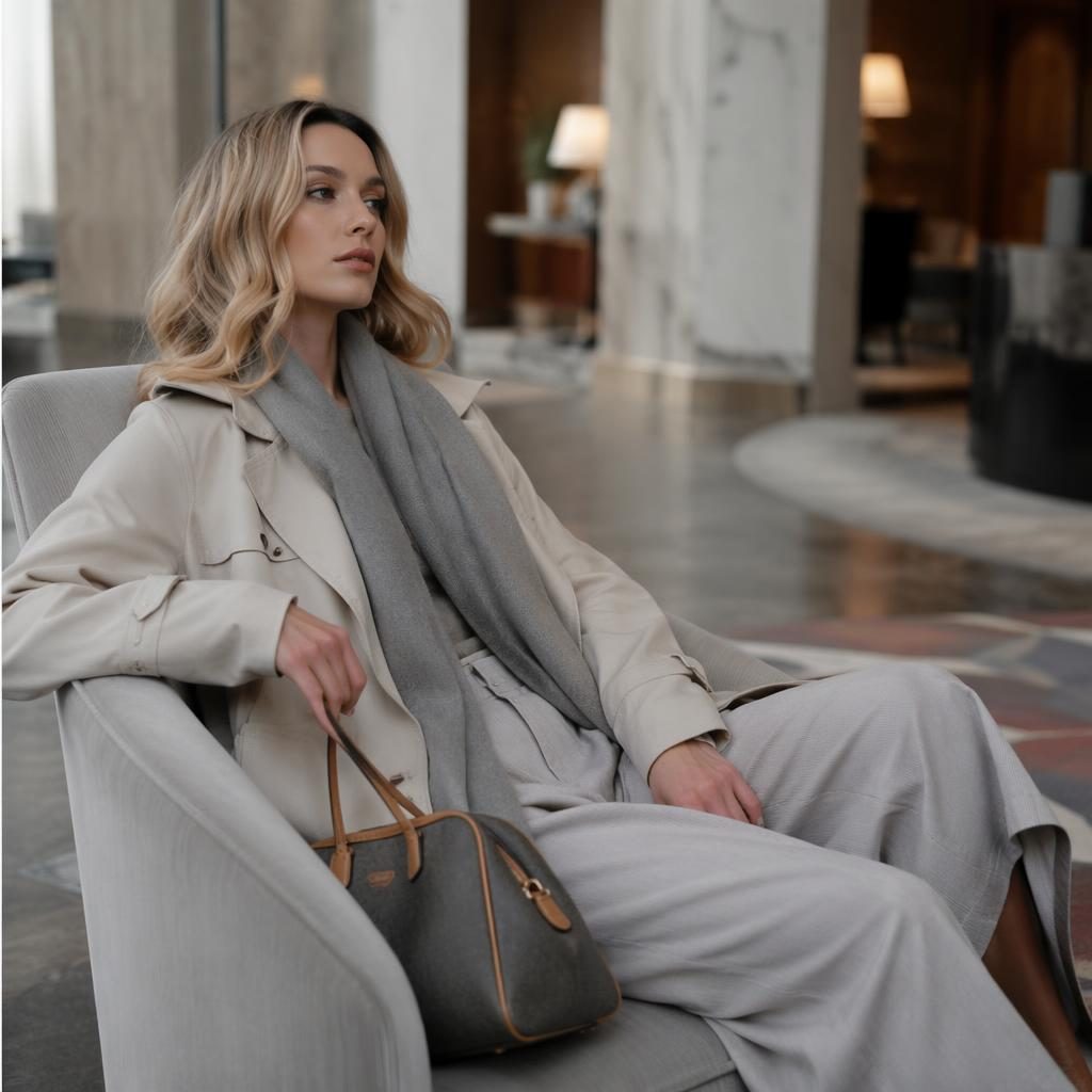 Editorial fashion model in a cool gray lookbook outfit posing naturally in a luxury hotel lobby with a coastal grandmother vibe.