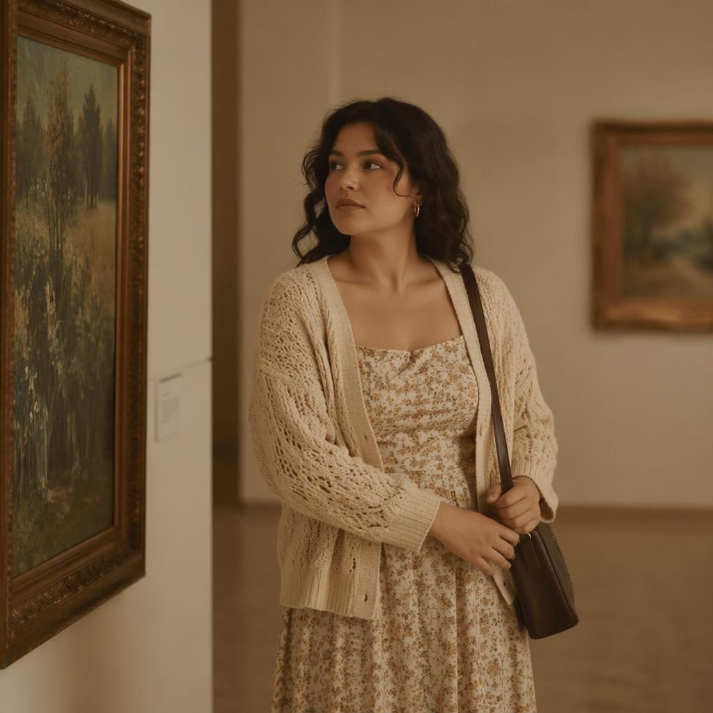 Editorial fashion model in a cottagecore outfit standing naturally in a quiet art gallery with warm earth tones.