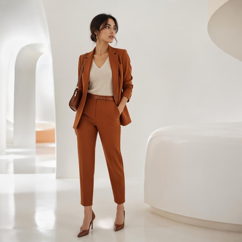 Editorial fashion model in a petite catalogs lookbook, posed in minimalist white space with soft light and rust tones.