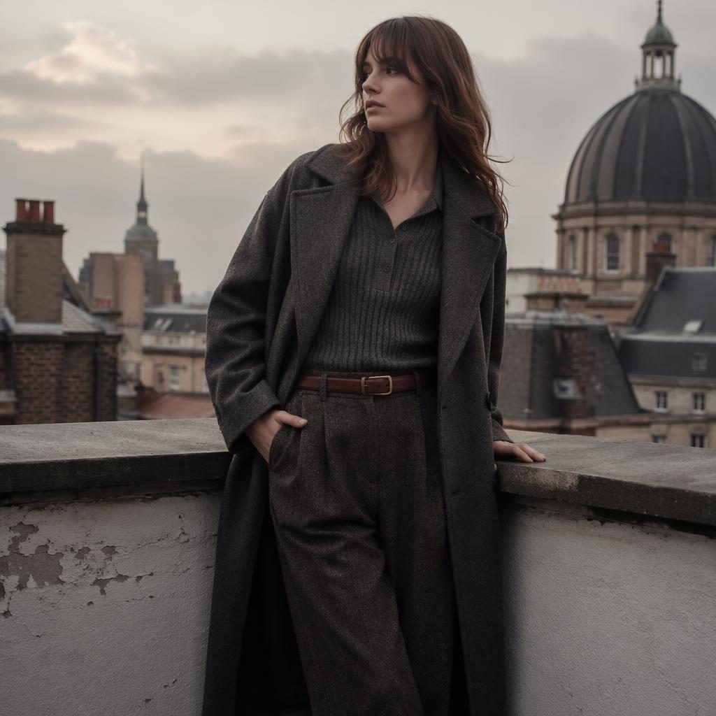 Editorial fashion model in a soft surroundings outfit on a moody city rooftop with cool gray tones and dark academia styling.