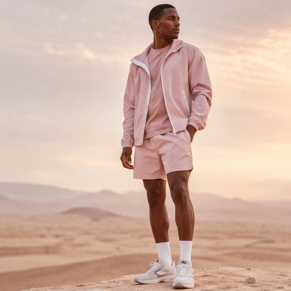 Model in pastel sportswear posing in a dreamy desert setting with soft light for a fashion editorial lookbook.