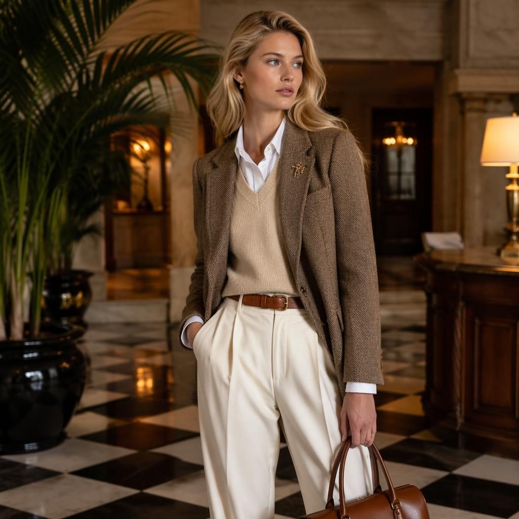 Editorial fashion model in a luxury hotel lobby wearing a preppy old money look with soft dreamy light and bold contrast.