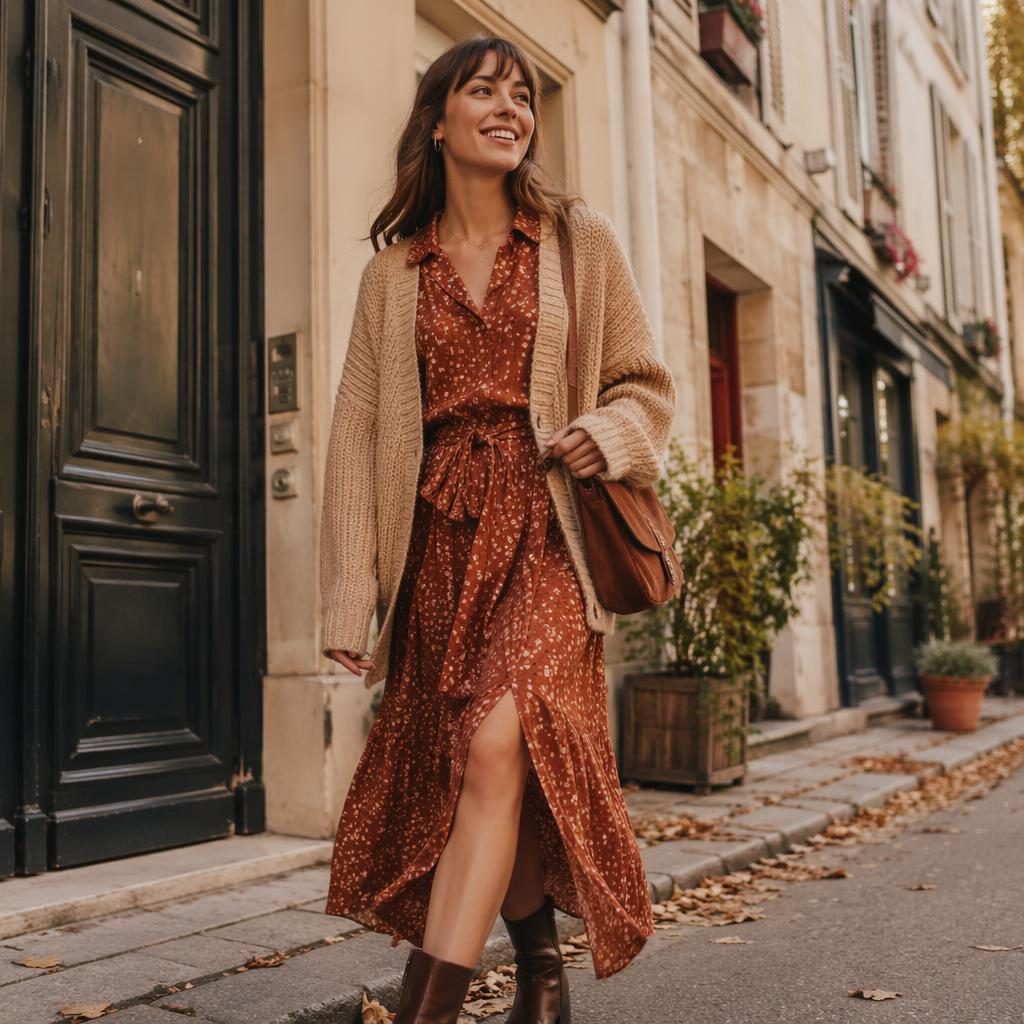 Mannequin en tenue collection femme monoprix, style cottagecore, dans une rue urbaine aux tons rouille d’automne.