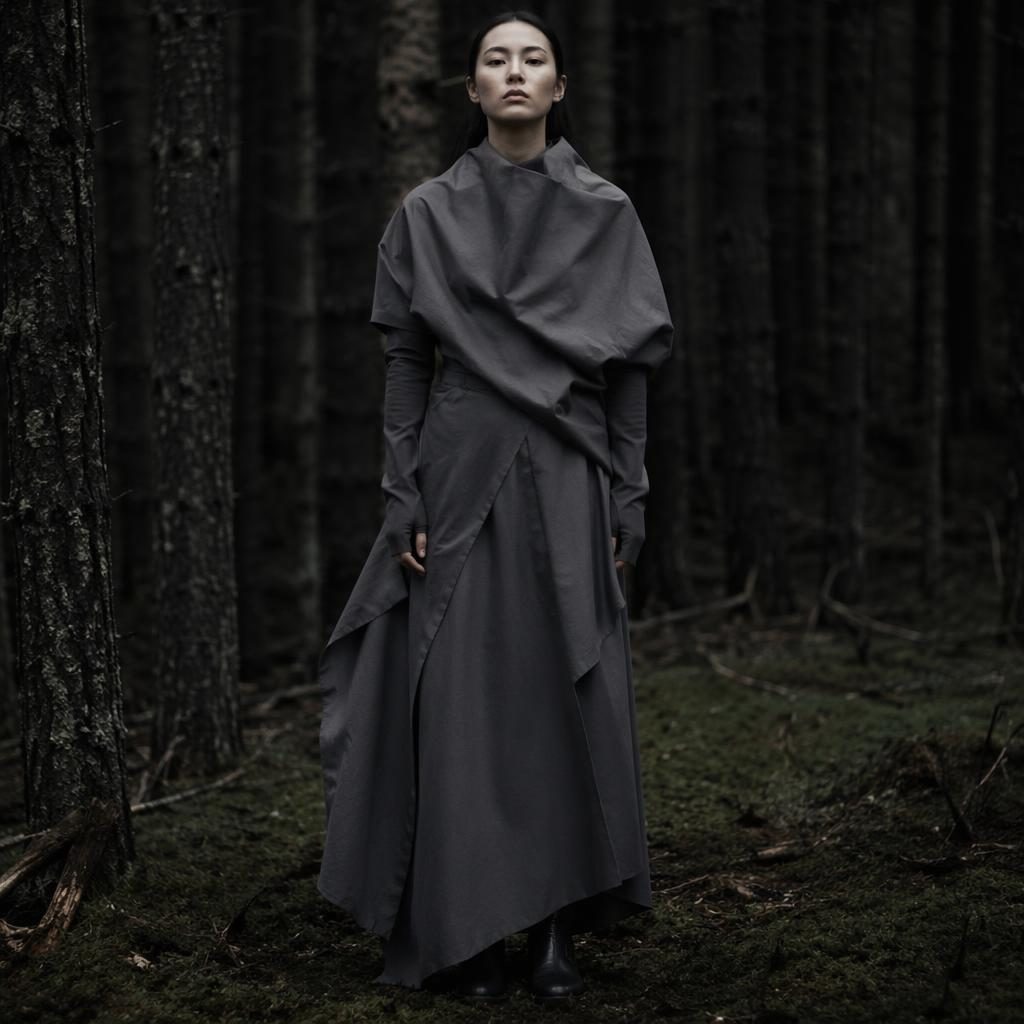 Editorial fashion model in minimalist pyramid-inspired clothing standing naturally in a dark forest with cool gray tones
