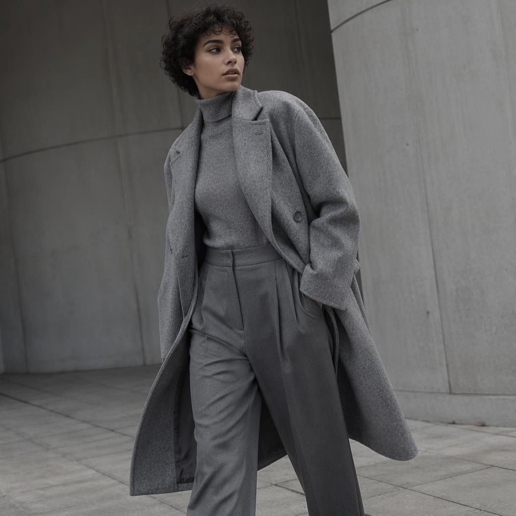 Editorial fashion model in a Max Mara-inspired lookbook outfit at an architectural building, candid pose, cool gray tones.