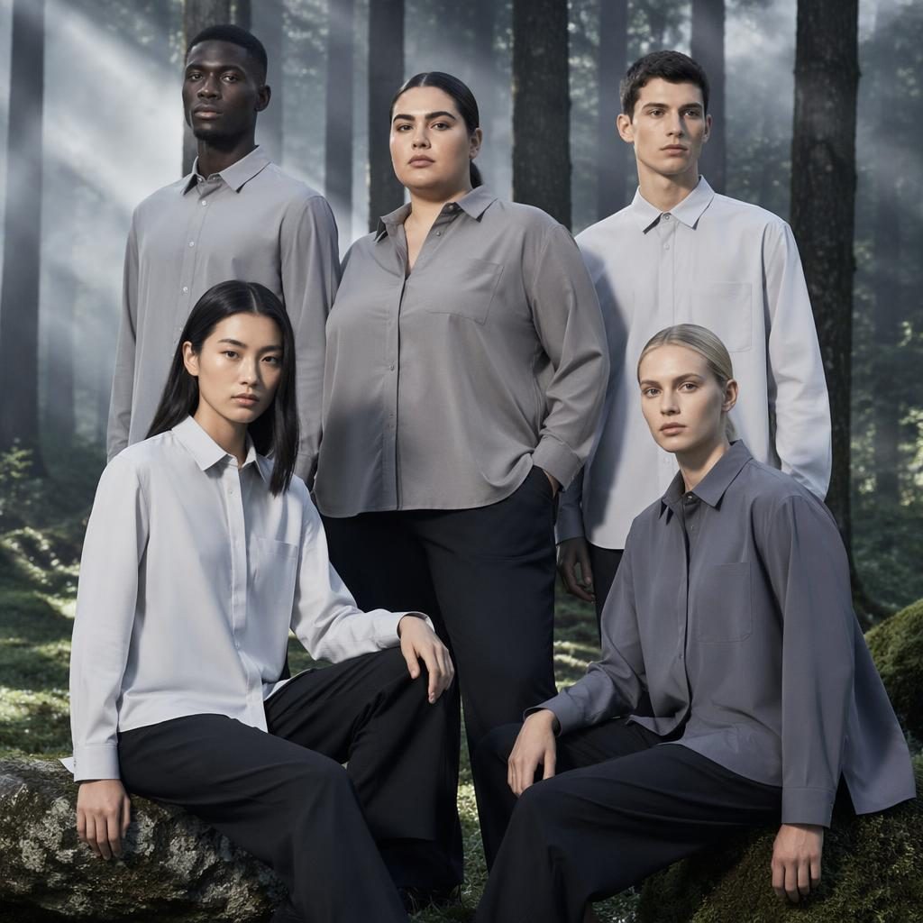 Model in tailored shirts poses in a cool gray forest setting, styled as a luxurious futurist fashion lookbook.