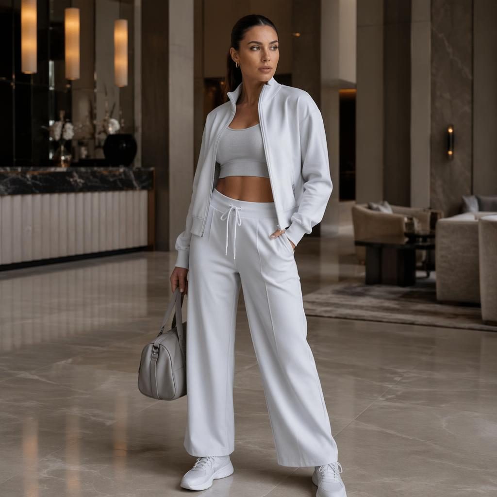 Modelo con outfit sportswear athletic posando en el lobby de un hotel de lujo, con iluminación editorial y tonos grises.