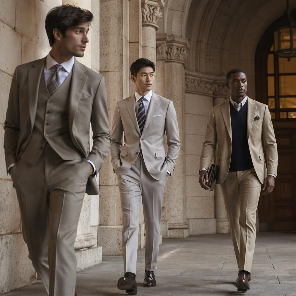 Fashion model in a muted neutral preppy outfit posing naturally outside an architectural building with bold editorial lighting.