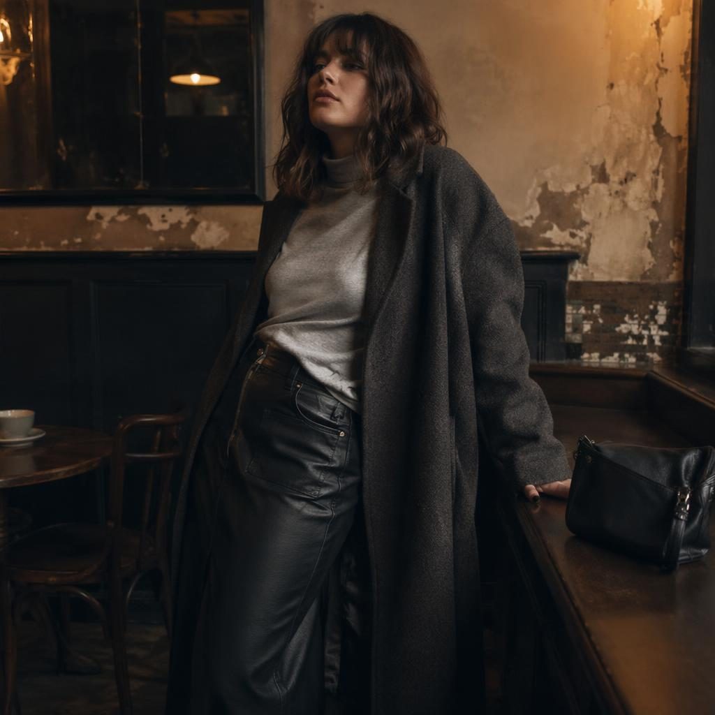 Editorial fashion photography of a model in a grunge edgy look inside a vintage cafe with dark moody lighting.