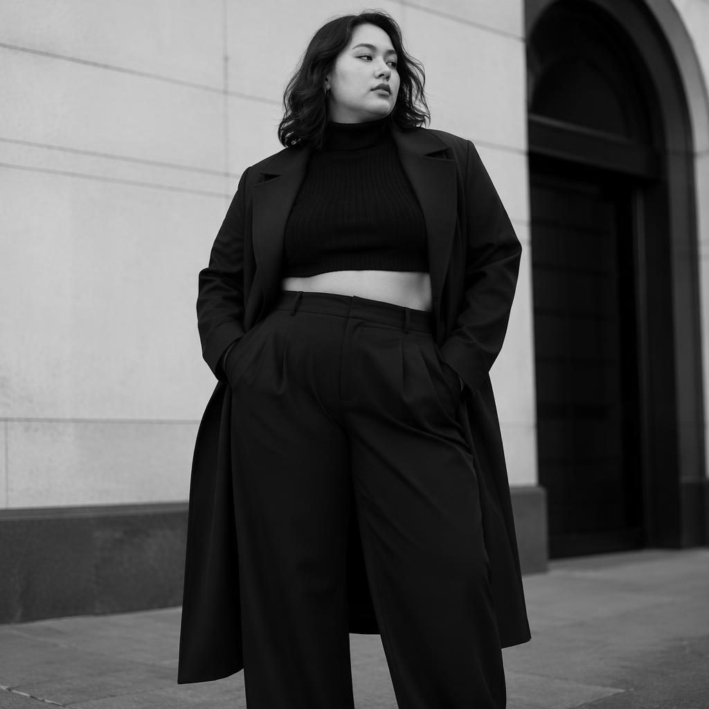 Black and white editorial fashion photo of a generic model in photoshoot clothing on a dark urban street
