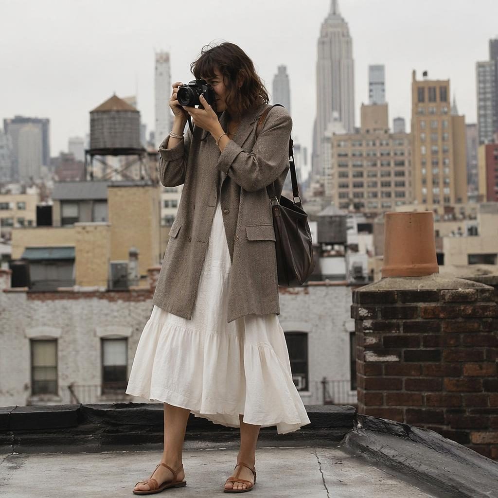 Editorial fashion model in muted neutrals on a rooftop, playful candid pose with cottagecore styling and city backdrop