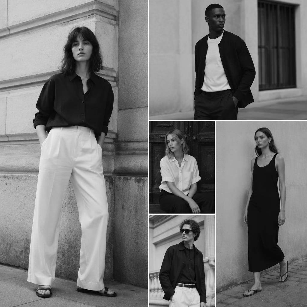 Black and white editorial fashion photo of a generic model on a quiet urban street in a minimalist natural pose.