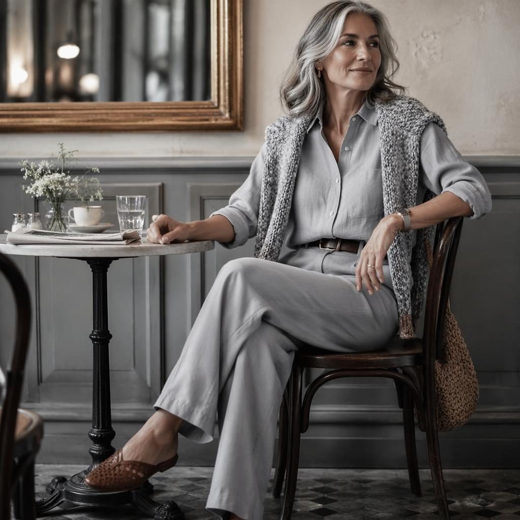 Editorial fashion model in a vintage cafe wearing a coastal grandmother outfit in cool gray tones, posed naturally.