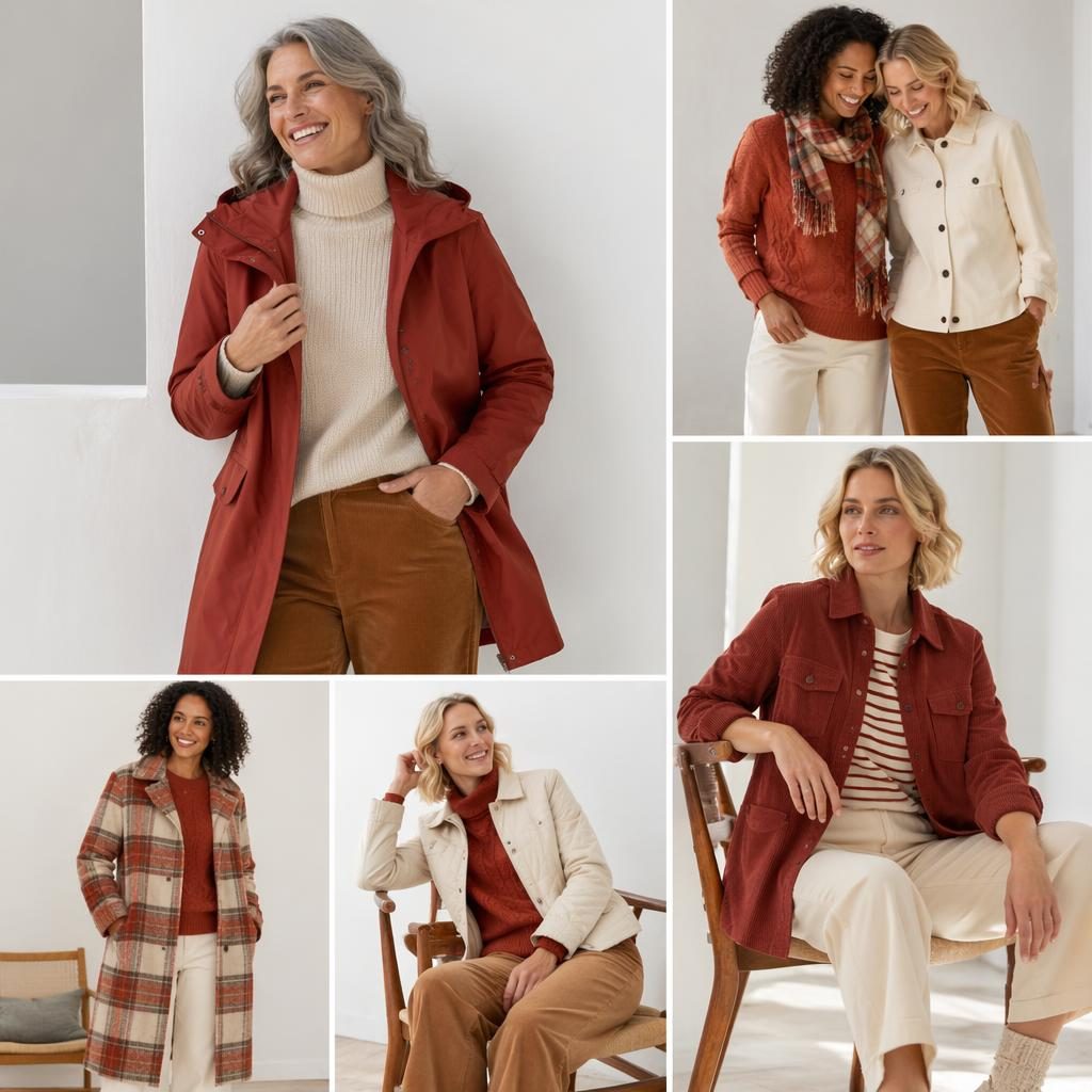 Editorial fashion model in a northstyle catalog look, posed in minimalist white space with autumn rust tones.