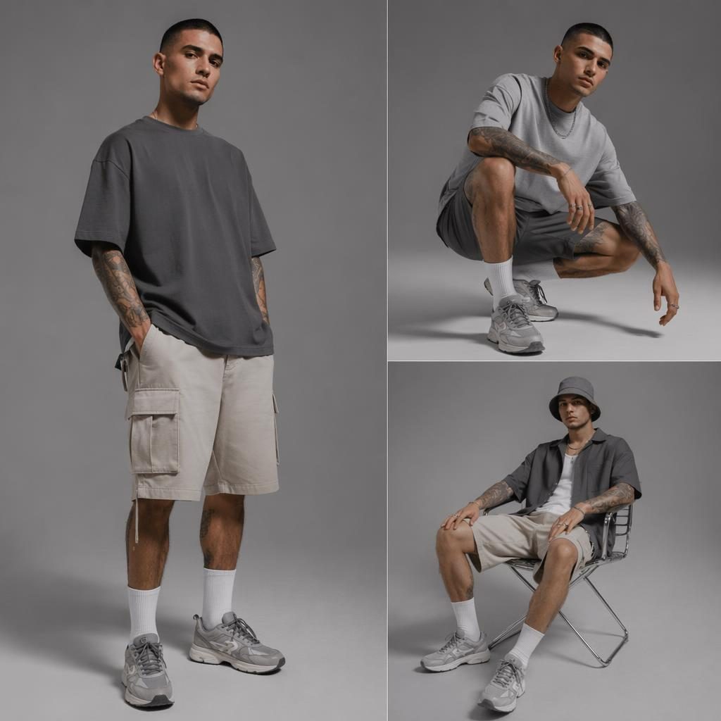 Modèle masculin en tenue lookbook homme ete, style streetwear urbain, posé en studio neutre aux tons gris froids.